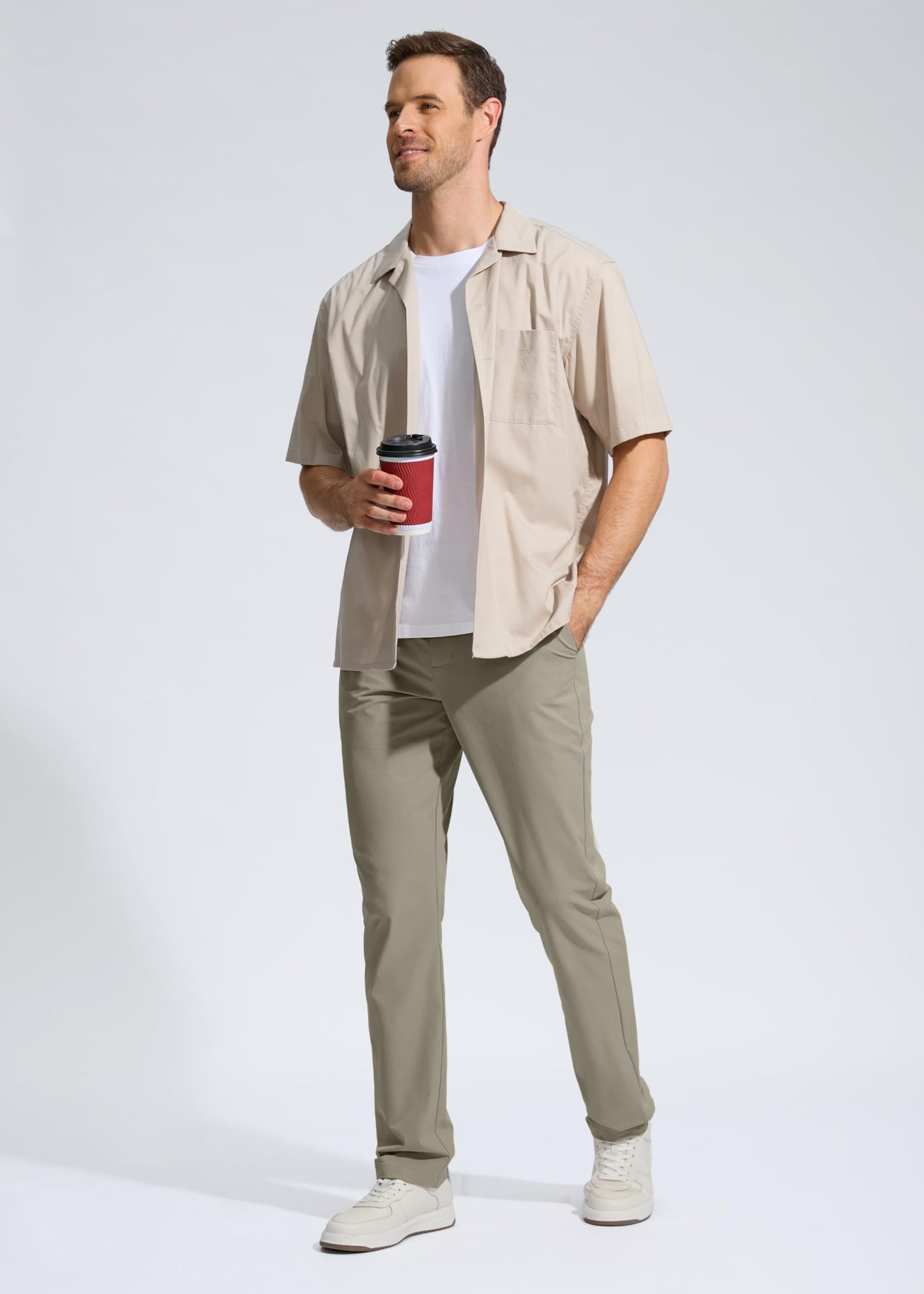 Pudolla Men's Golf Pants Work Dress Comfy Pants Casual Slacks Trousers with Pockets(Stone_Grey 33Wx32L)