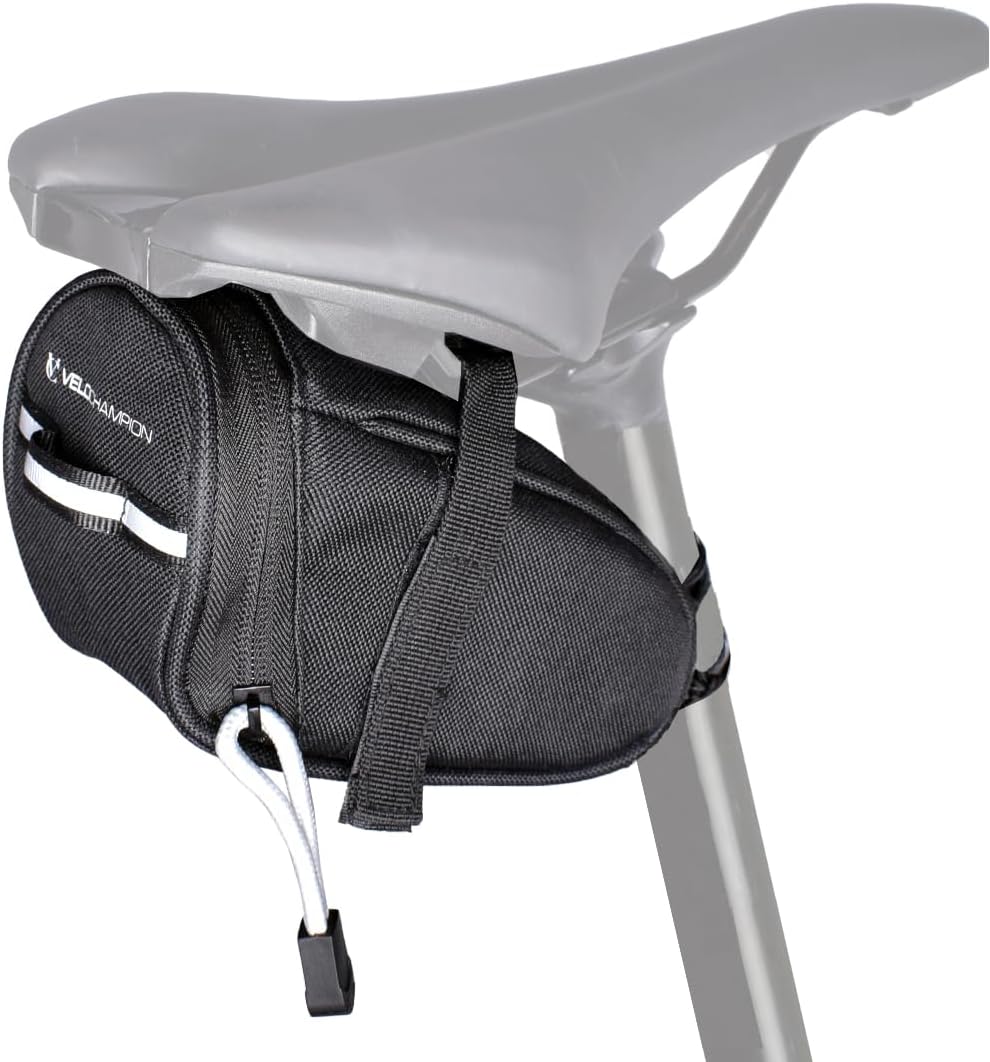 VeloChampion Black Bike Seat Pack Under Saddle Bag | 1 Litre Storage | Ideal for Mountain Road or Hybrid Bikes | Reflective | Water Resistant | Perfect for Repair Kits and Cycling Accessories