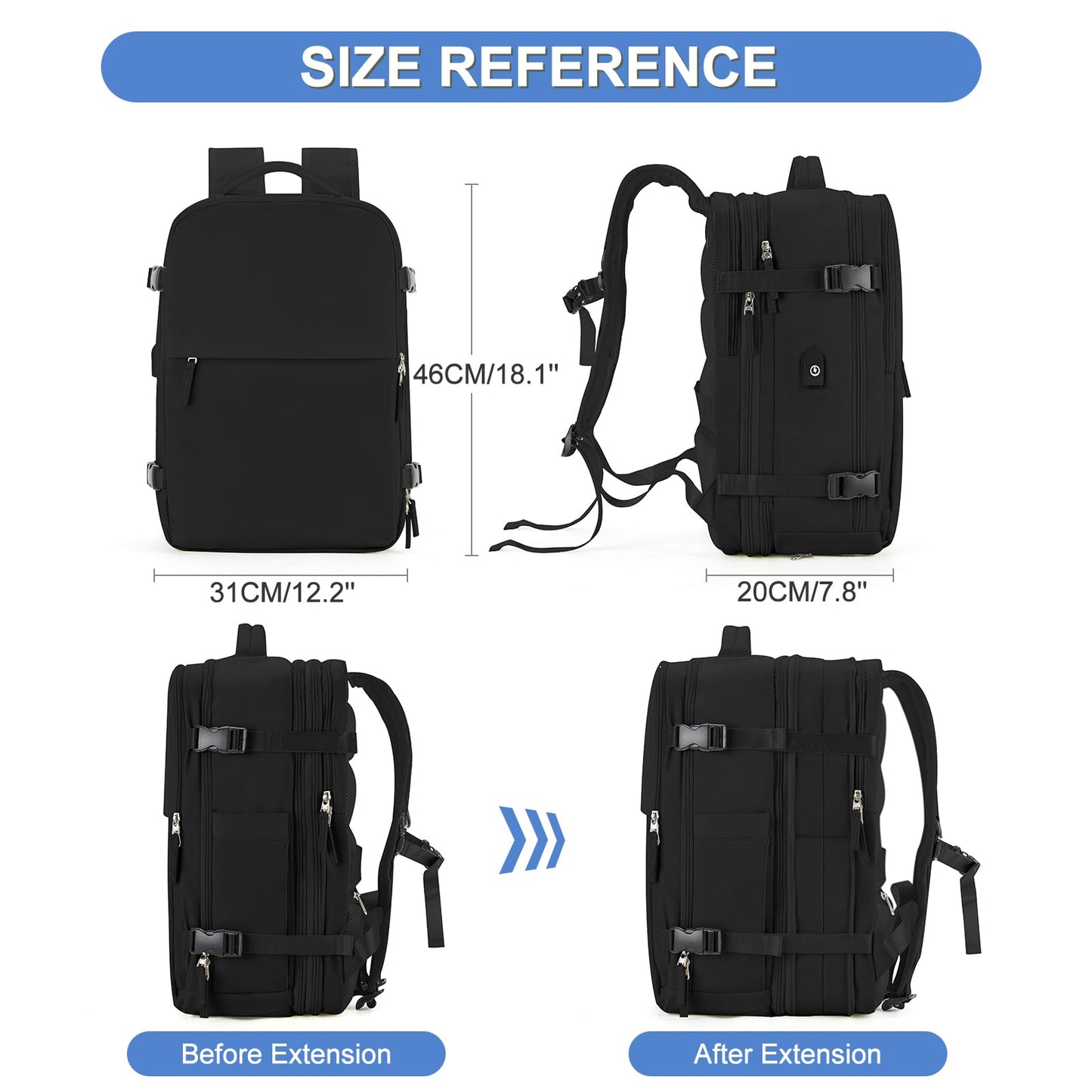 Expandable Travel Backpack For Women Men Airline Approved Personal Item Backpack For Airlines Carry On Backpack Flight Approved Waterproof Backpack For Traveling On Airplane Gym Travel Bag Black