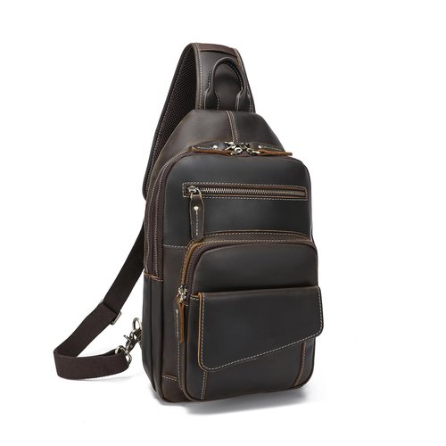 LANNSYNE Vintage Full Grain Genuine Leather Casual Sling Bag For Men Hiking/Travel/Business Crossbody Chest Bag Fits 12.9 Inches iPad Daypack -Brown