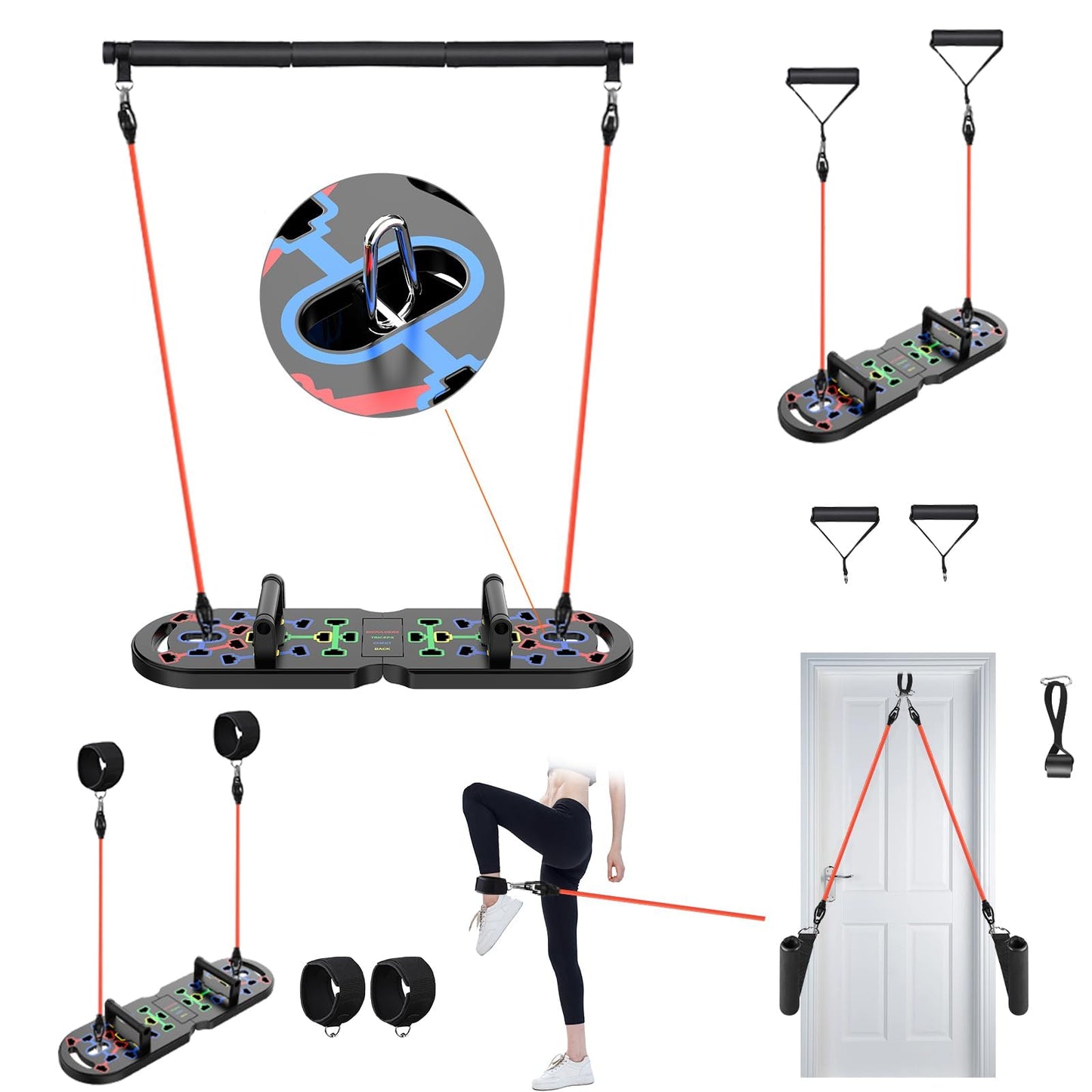 KUYOU Portable Home Gym Workout Equipment, Push Up Board, Pilates Bar & Fitness Accessories with Resistance Bands for Upper Body Strength Training Full Body Workout at Home