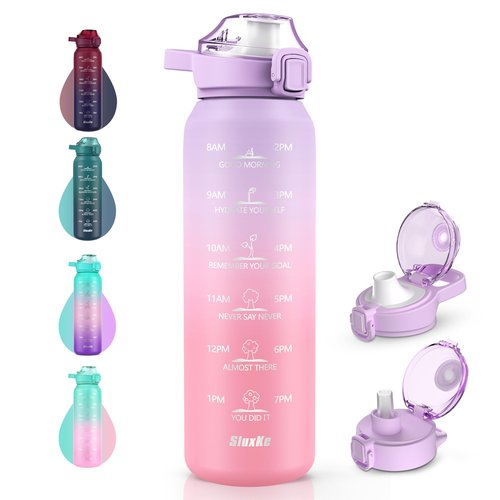 SLUXKE 316 Stainless Steel Insulated Water Bottle 32oz with Handle, 1L Double Wall Insulated Bottle with Time Marker BPA Free, 1000ml Metal Water Flask for Outdoor Working School PURPLE PINK