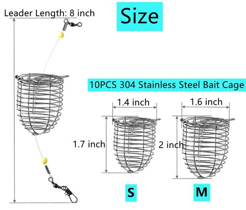 Drchoer Carp Fishing Bait Cage: 10-Piece Stainless Steel Carp Rig Feeder - Catfish Bait Holder Fishing Rig Attachment (Transparent Line Leader(1mm), Medium)
