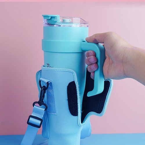Bringsine Water Bottle Carrier Bag with Pouch Pocket for Stanley 40 Oz Tumbler with Handle, Neoprene Water Bottle Holder Pouch with Adjustable Strap and Carabiner for Stanley Cup Accessories-Blue