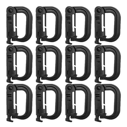 HOUSON 12 Pack Tactical Multipurpose Carabiner Clip, Tactical Small D-Ring Shape Locking Hanging Hook Clips for Molle Webbing Outdoors Bag Backpack with Snap Keychain Button Fast Latch System (Black)