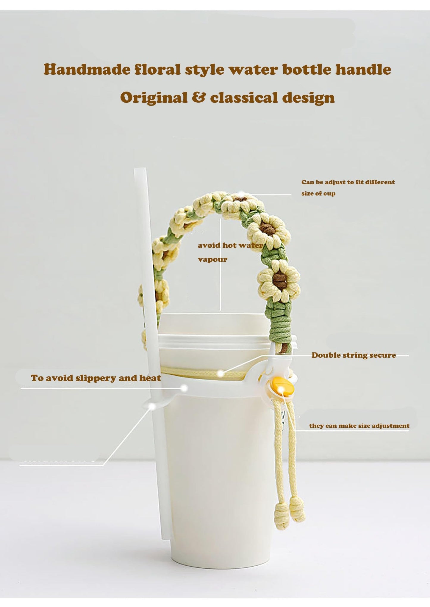 Juimtien Water Bottle Handle, Stanley Cup Holder with Strap, Handmade Bohemian Flower Sling Holder Lanyard