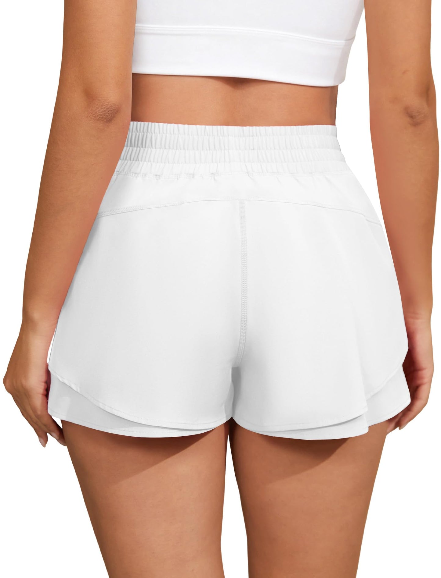 FireSwan Running Shorts for Women 2 in 1 High Waisted Butterfly Flowy Athletic Gym Yoga Pockets White Medium