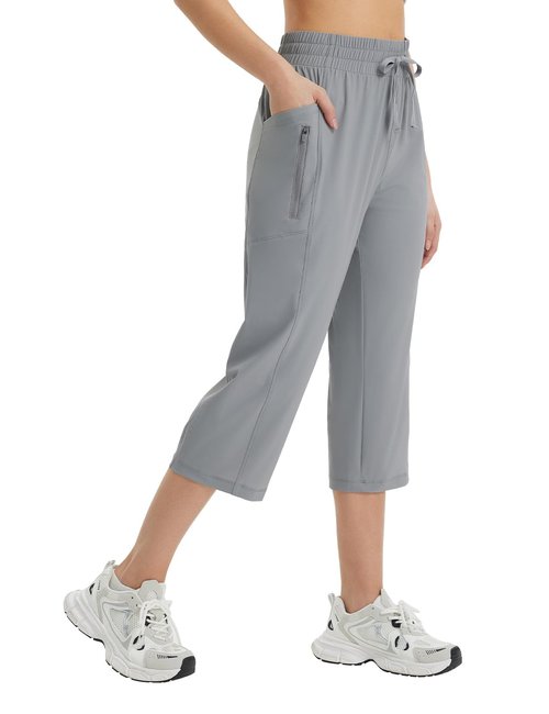 baleaf Women's Athletic Capri Pants Lightweight Quick Dry Stretch Zipper Pocket Travel Casual Outdoor UPF 50+ Gray L