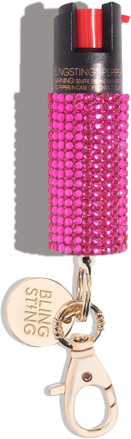 BLINGSTING Pepper Spray for Women - Maximum Strength OC Self Defense Spray - 12 ft Range - UV Marking Dye for Police ID - Swipe Safety Lock - Compact & Fashionable Keychain