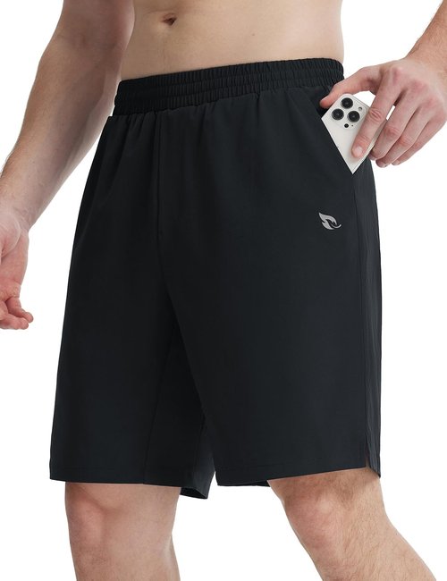 baleaf Men's Athletic Running Shorts 9" Quick Dry Workout Gym Shorts Lightweight Mesh 2 in 1 Shorts with Zipper Pockets Black L