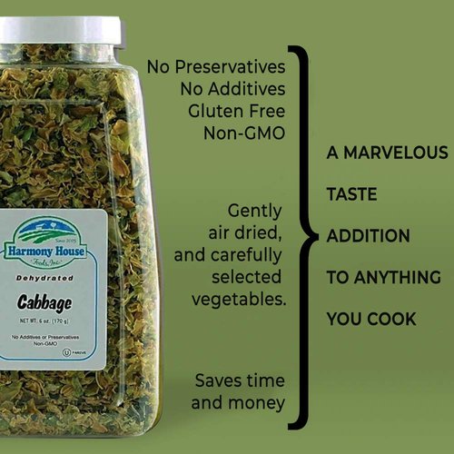 Harmony House Foods Dehydrated Cabbage Flakes - Air Dried Vegetables for Soup and Cooked Dishes, Great for Camping, Survival, and Backpacking, 6 Ounces