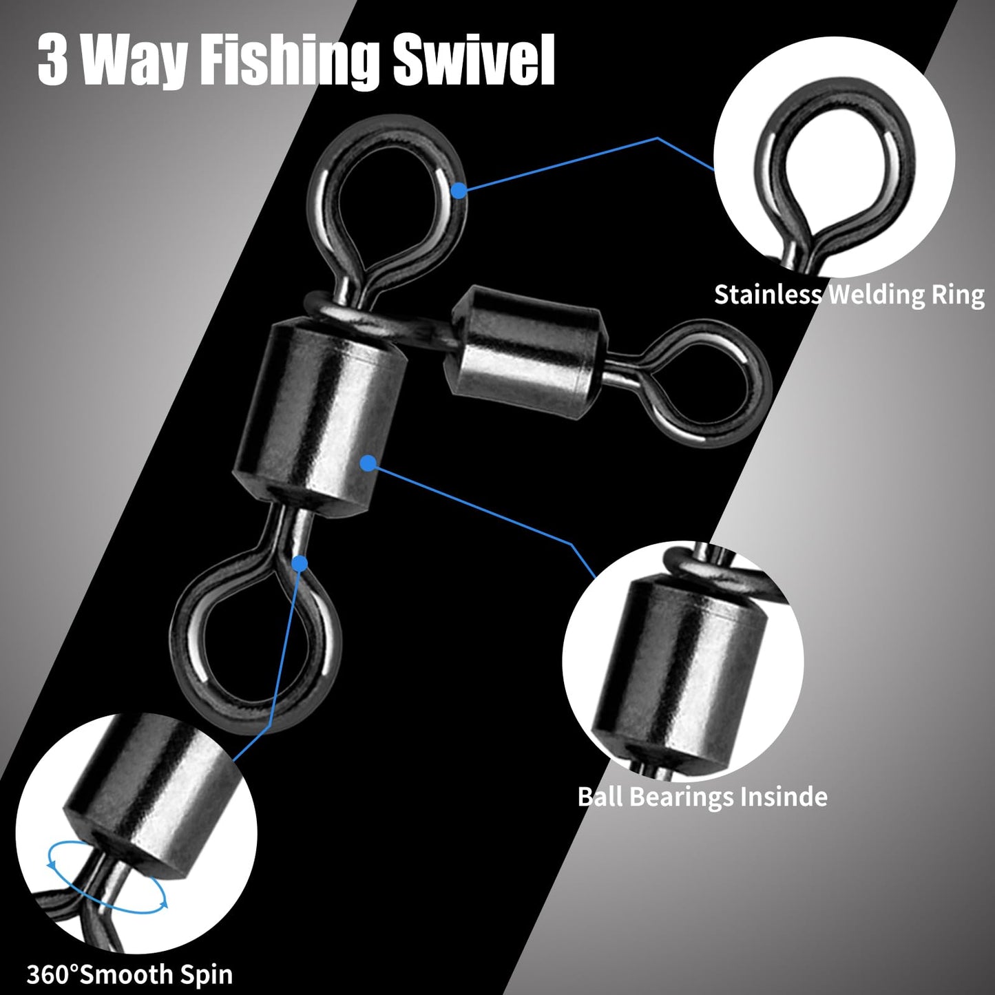 FishTrip 3 Way Swivel Fishing Tackle - 50pcs Black T-Turn Three Way Swivels Heavy Duty Saltwater for Catfish Rigs(2 * 3#)
