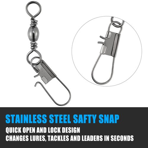 Dr.Fish 50 Pack Fishing Snap Swivels, Barrel Swivels Fishing Tackles, Stainless Steel Safty Interlock Snaps Leader Line Lure Connector Fresh&Saltwater #2/0