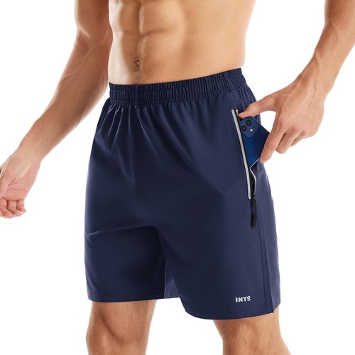 INYO Mens Athletic Short Quick Dry Lightweight Running Shorts Zipper Pockets Breathable Tennis Shorts, Navy Blue, Large