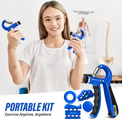 Grip Strength Trainer Kit with Finger Exerciser, Finger Stretcher, Forearm Grip Adjustable Hand Gripper, Exercise Grip Ring and Stress Relief Grip Ball for Athletes Muscle Trainer, Blue