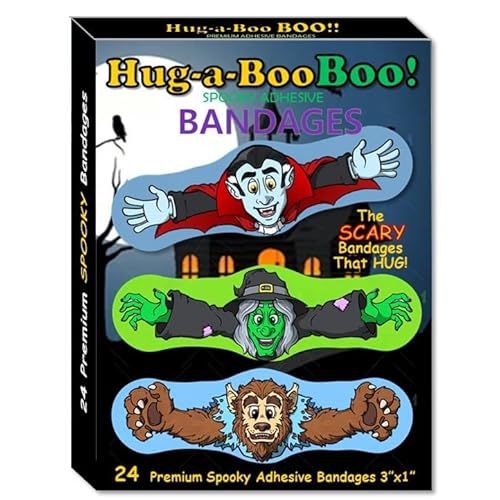 Fun Monsters Adhesive Bandages from Hug-a-Booboo! Spooky Halloween Bandages That Hug! Favorite Scary Monster Characters - Vampire, Witch, Wolfman and Mummy with Hugging Arms! Fun as Stickers 24 Ct Box
