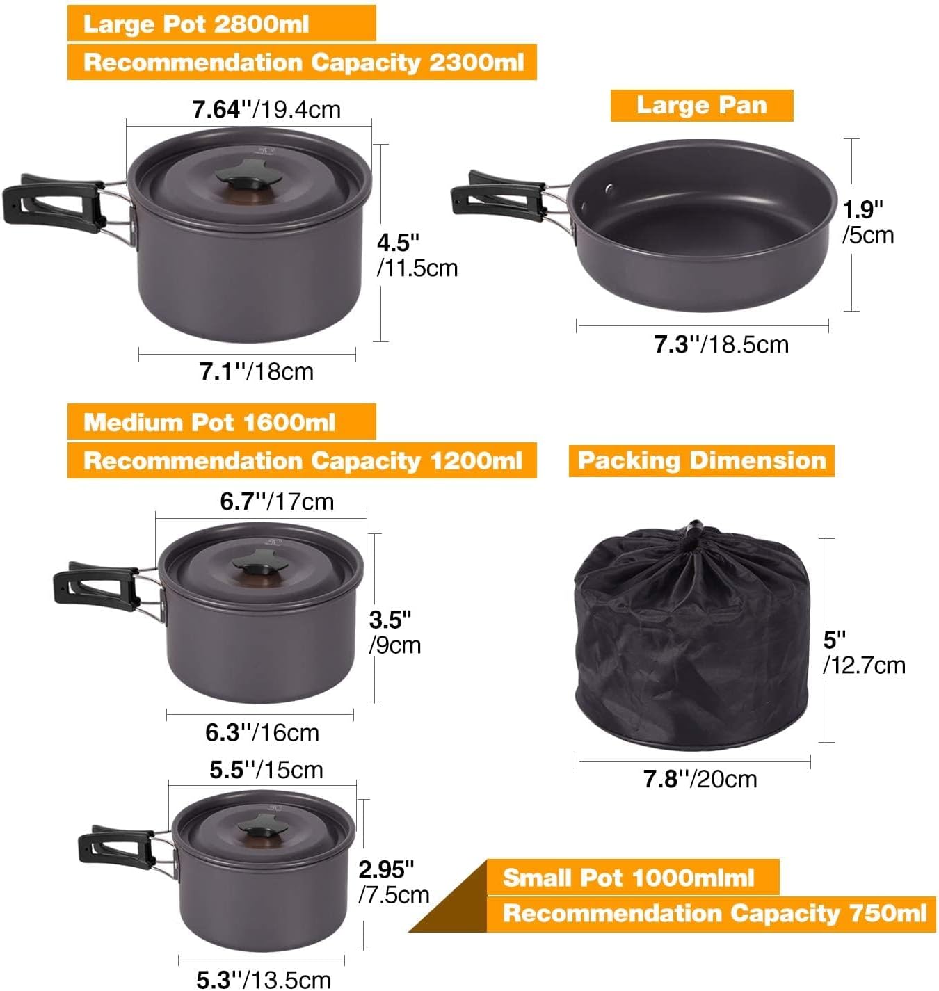 REDCAMP 6/10/11/12/14/15/19 PCS Camping Cookware Mess Kit Camping Gear Campfire Utensils Lightweight Stackable Pot Pan Bowls Soup Spoon with Storage Bag for Camping, Backpacking, Outdoor Cooking