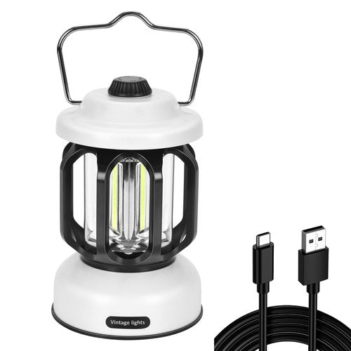 Camping Lantern Rechargeable, 360° Brightness Dimmable Retro Camping Light, Hanging Vintage Camping Lamp Outdoor Tent Light for Power Outage, Hurricane, Emergency, 3A Battery Included, White
