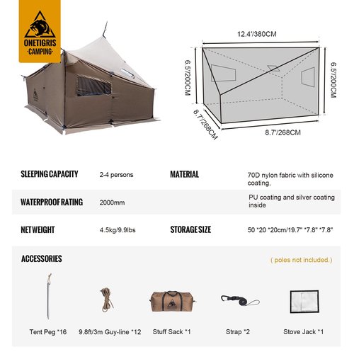 OneTigris COZSHACK Hot Tent, Large Spacious 4 Person Tent with Stove Jack, Windproof Waterproof Tent for Wood Stove Bushcraft Camping Travel Truck Family (Coyote Brown)