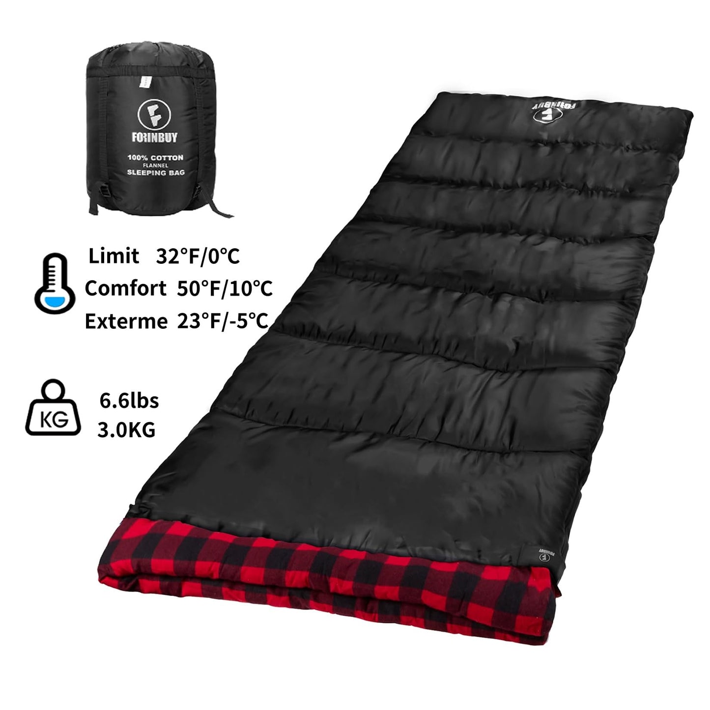 FORINBUY Flannel Sleeping Bag Cold Weather for Adults XL Camping Cotton Sleeping Bag 4 Season Big and Tall, Waterproof with Compression Sack