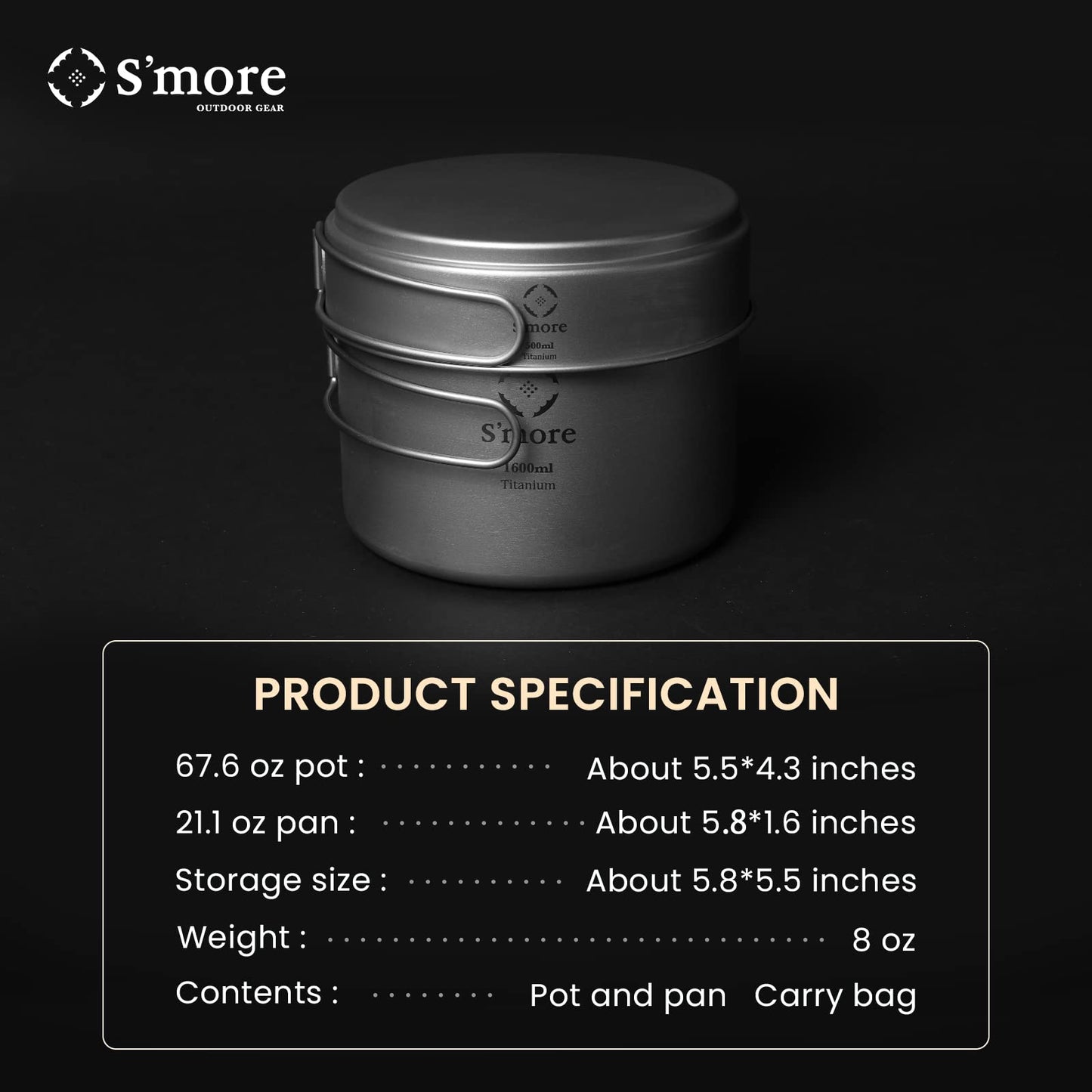 S'more Titanium Cooking Set, Ultralight Eco-Friendly Camping Cookware, 1100ml Pot and 350ml Pan 2 in 1 with Folding Handle for Hiking, Traveling, and Picnic(Medium)