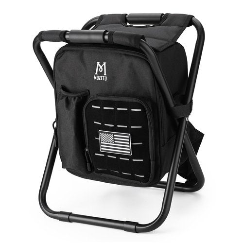 MOZETO Backpack Stool Cooler Chair with Molle Pocket and American Flag Patche, Portable Folding Fishing Stool for Outdoor Walking Hiking Camping