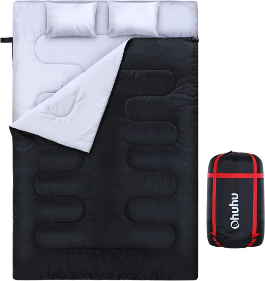 Ohuhu Double Sleeping Bag: Queen Size 2 Person 3 Season for Warm & Cold Weather Camping Sleeping Bag with 2 Pillows, Large Size 87'' x 60'' Waterproof Lightweight