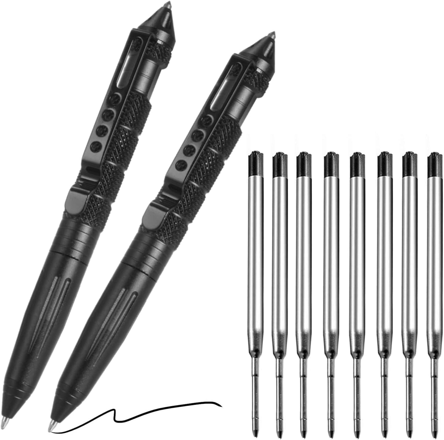 Tungsten Steel Military Tactical Pen - 2 Pack Emergency Self Defense with 8 Black Ballpoint Refills for Writing, Professional Glass Breaker Pen, Multitool for Father's Day