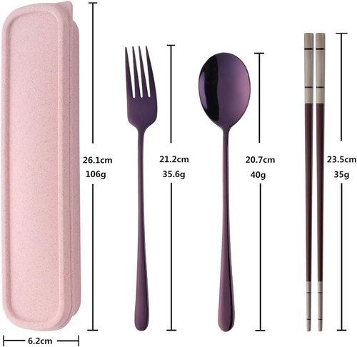 Do Buy Stainless Steel Fork Spoon Chopsticks with a Durable Case for Home Outdoor Camping Traveling Hiking, Purple