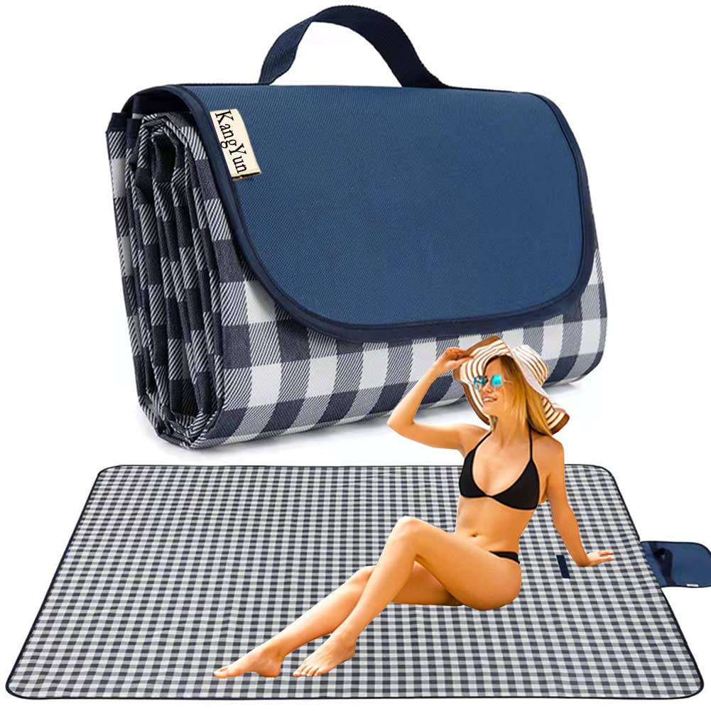 K Y KANGYUN Outdoor Picnic Blankets 80" x 80", Extra Large Beach Blanket, Foldable Lightweight Waterproof Sand Mat, Picnic Blanket for Beach Camping Hiking Park Patio (Dark Blue, 80x80 inch)