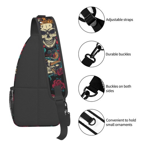 Skull Red Roses Sling Backpack For Men Snake Eagle Hiking Daypack Crossbody Shoulder Bag Travel Chest Pack