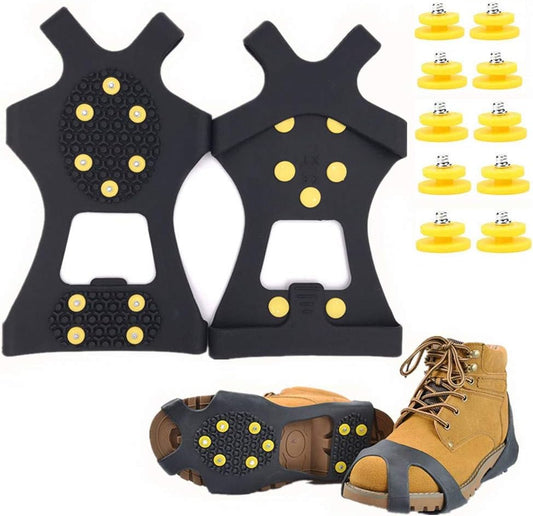 Fiersh Ice Cleats - Snow Grippers Crampons Anti-Slip Traction Cleats Ice & Snow Grips for Shoes and Boots - 10 Steel Studs Slip-on Stretch Footwear for Women Men Kids (Extra 10 Studs)