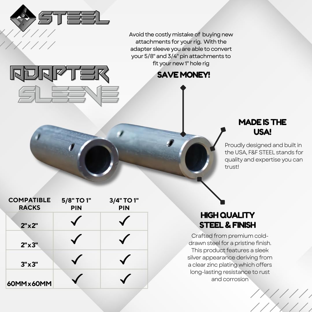 F&F STEEL Power Rack Attachment Pin Adapter Sleeve - 5/8" to 1" - Universal Fitment on Standard 2"x2", 3"x2", and 3"x3" Power Racks, Cages, & Rigs