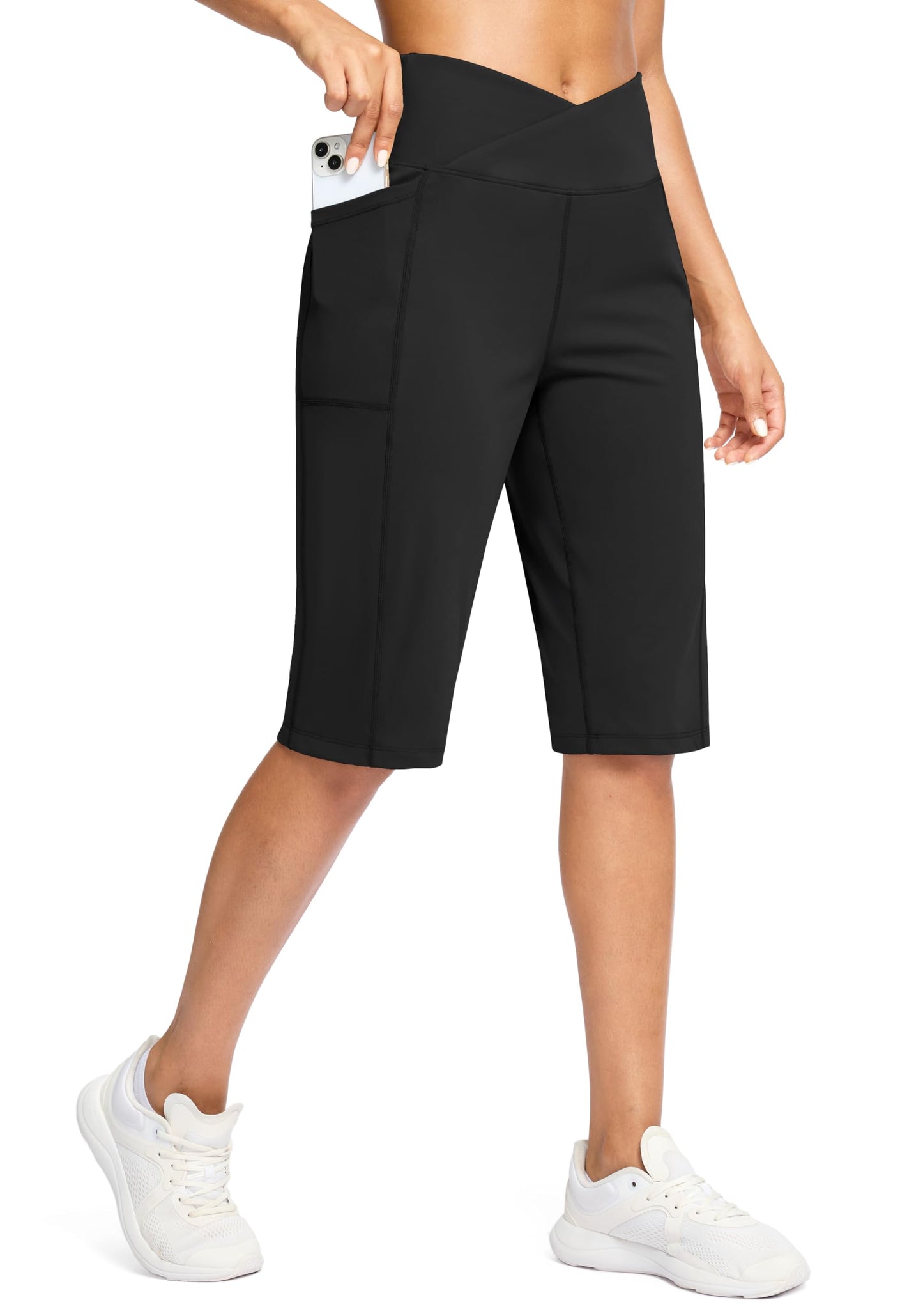 G Gradual Women's 14" Bermuda Long Shorts Knee Length High Waisted Athletic Shorts with Pockets Stretch Casual Summer Walking(Black,XXXL)