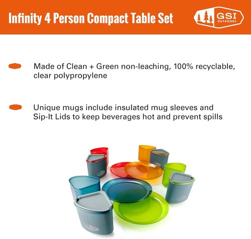 GSI Outdoors Infinity 4 Person Compact Nesting Tableset for Ultra-Light and Compact with Cup, Bowls and Plates for Camping, RV, or BBQ