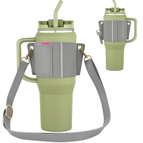Stanley Cup Holder with Strap,Leather Carrier Strap for 40 oz 30 oz Stanley Cup Accessories, Credit Card Holder Keying (Gray)