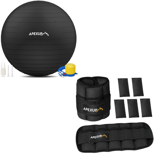 APEXUP 10lbs/Pair Adjustable Ankle Weights + Yoga Ball Exercise Ball (L,65cm)