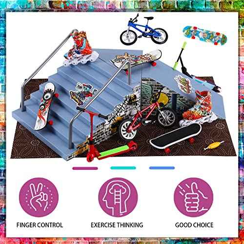 Civaner Fingerboard Skatepark Set 24 Pcs Mini Finger Toy with Finger Skateboards Ramp, Finger Bikes, Finger Scooter, Finger Skates for Skate Lovers Gift