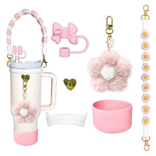 with Stanley Cup Accessories including Cute Pom-pom Stanley Charms, Water Bottle Handle Strap, Silicone Boot, and 0.4" Straw Cover for 30oz 40oz Tumbler Accessories, Pink