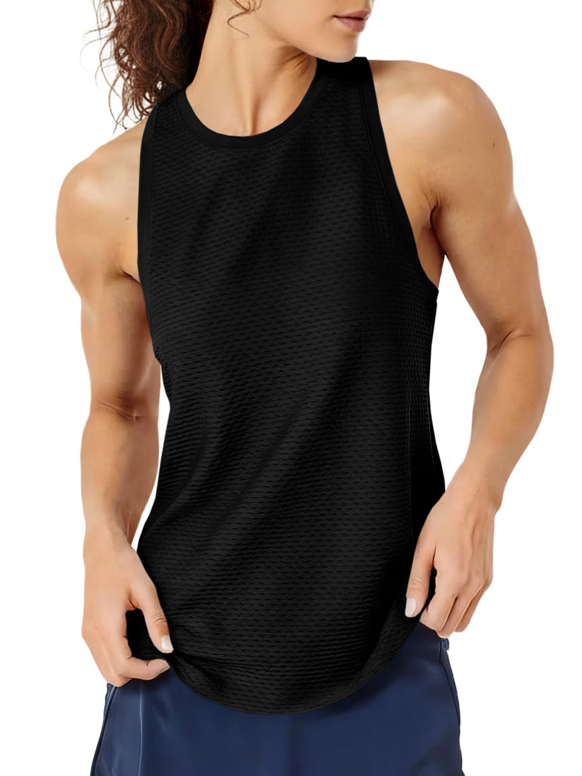 Fisoew Womens Summer Workout Tank Tops Racerback Athletic Gym Yoga Tops Loose Fit Sleeveless Running Active Shirts Black
