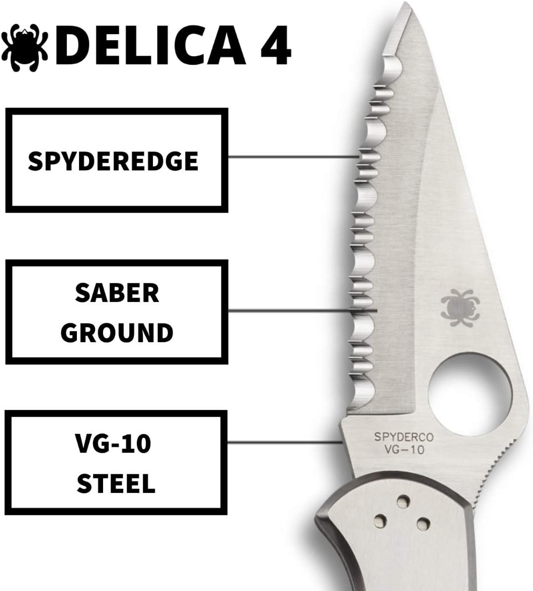 Spyderco Delica 4 Signature Knife with 2.95" Saber-Ground VG-10 Steel Blade and Durable Stainless Steel Handle - C11P