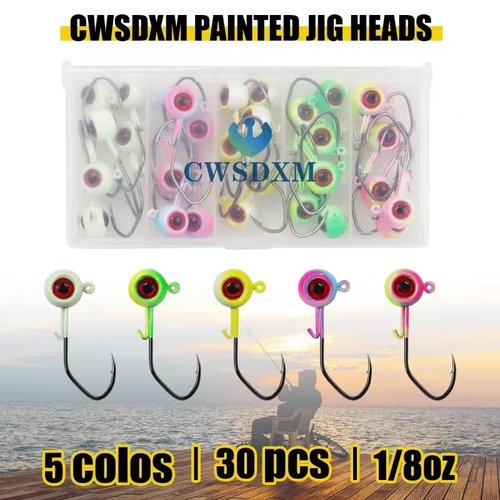 CWSDXM Painted Crappie Jig Heads 3D Eyes Fishing Hooks with Wire Keeper Lures for Crappie Panfish Bass Fishing Jig Hooks Assortment 1/16 oz 1/8 oz 3/16oz 3/8 oz 1/4 oz (1/8 oz 3.5g-30pcs)