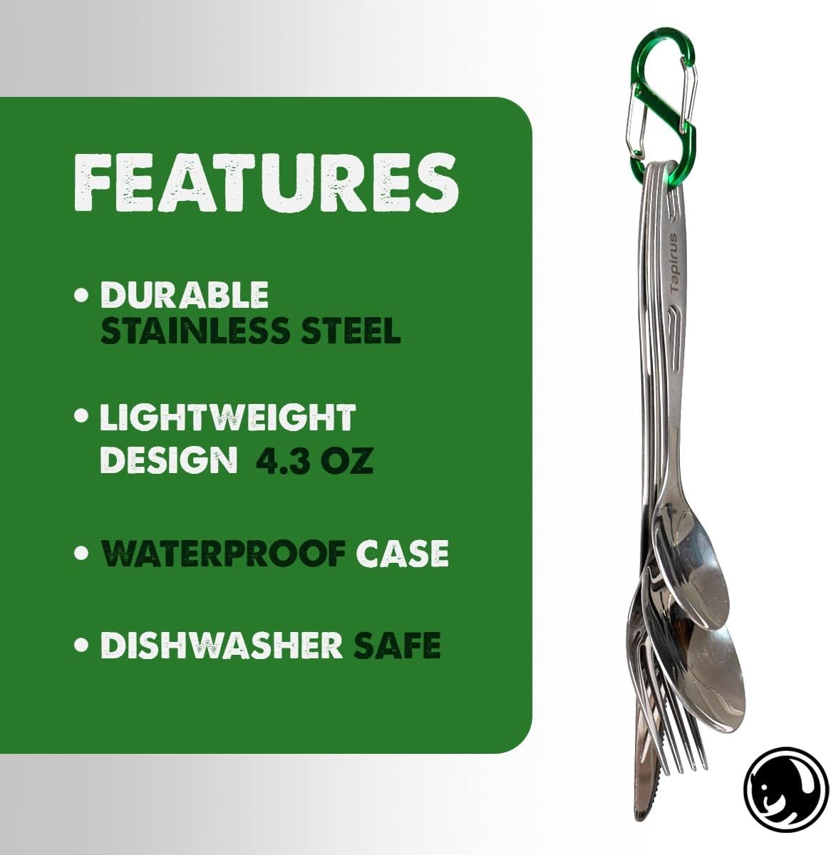 Tapirus Camp Utensils To Go | 6-piece Portable Set | Durable Stainless Steel | Light Weight Silverware With Waterproof Carrying Case | Ideal Equipment For Your Meal On The Go | Carabiner Included