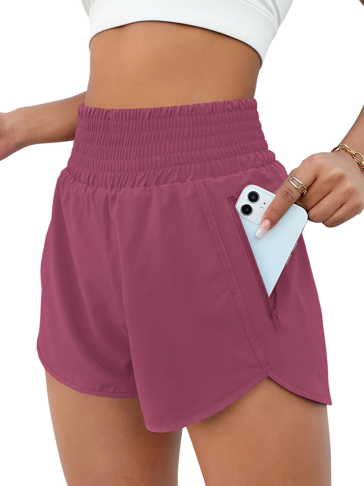 BMJL Women's Athletic Shorts High Waisted Running Short Pocket 2.5" Sporty Shorts Gym Elastic Workout Shorts(XXL,Bean Paste Red)