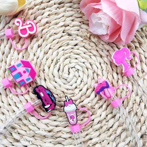 Stanley Straw Cover, 6Pcs Hot Pink Stanley Cup Accessories Straw Toppers Silicone Topper Covers Cap Cute for Simple Modern Tumblers 40oz 30oz & 20oz with Handle