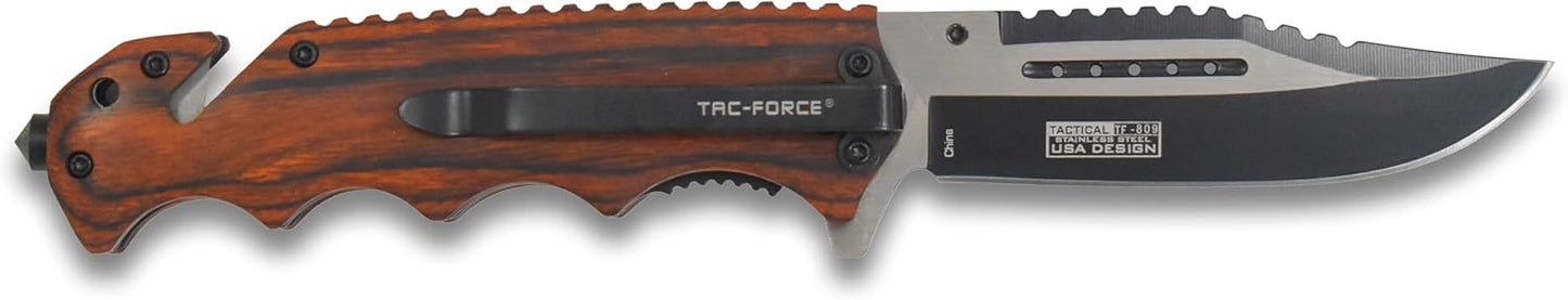 Tac-Force- Folding Pocket Knife –Partially Serrated, Black Stainless Steel Blade, Wood Handle w/Stainless Steel Bolster and Pocket Clip, Tactical, EDC, Rescue - TF-876