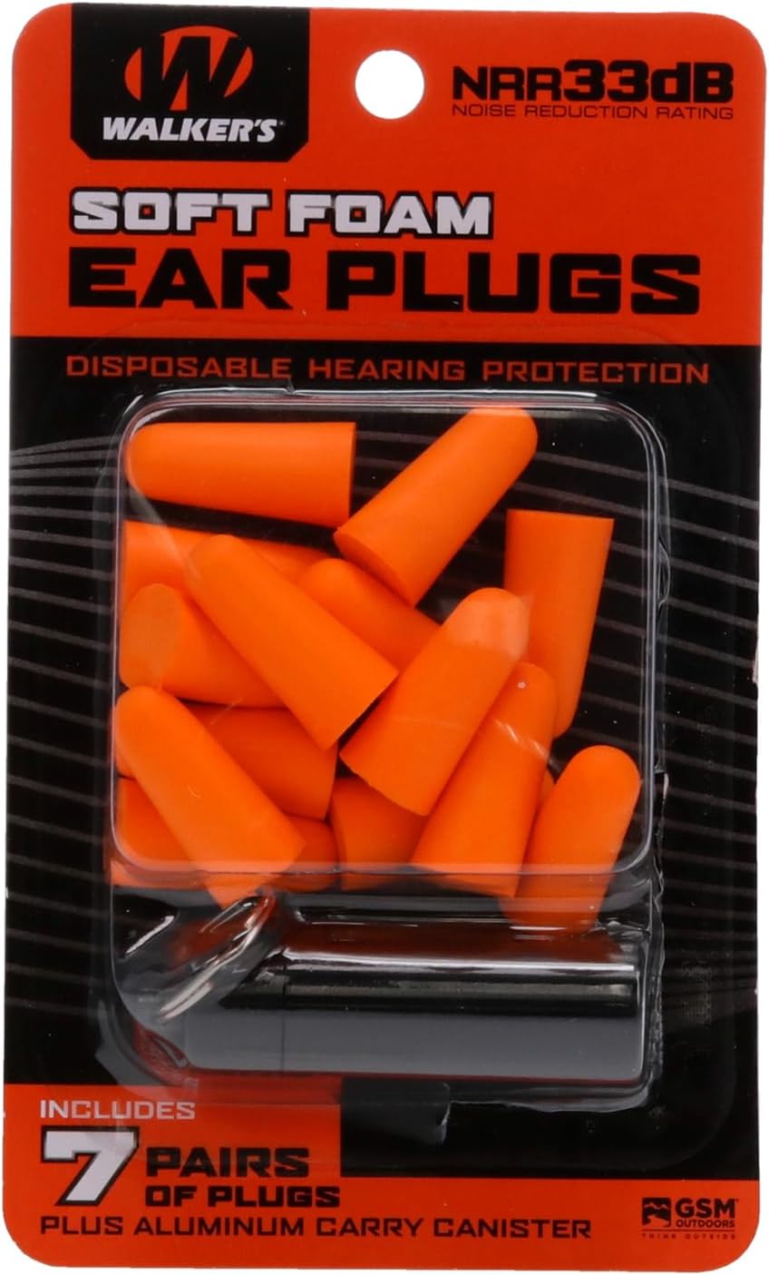 Walker's 33dB Noise-Canceling Hearing Safety Protection Range Shooting Hunting Work Soft Comfortable Adaptable Foam Earplugs, 7 Pairs & Aluminum Carry Canister