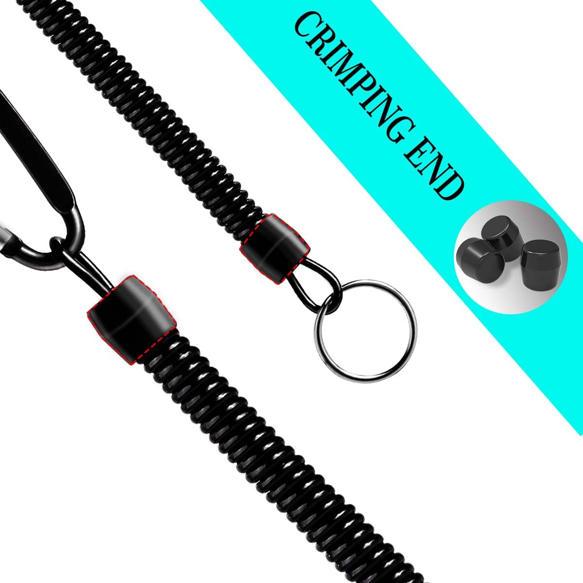 Hekodonk Flexible Anti-Lost Spring Coil Leash Cord Safety Ropes Retractable Lines Elastic Wrist Band with Stainless Steel Snap Hook Keychain Ring Carabiner,Black