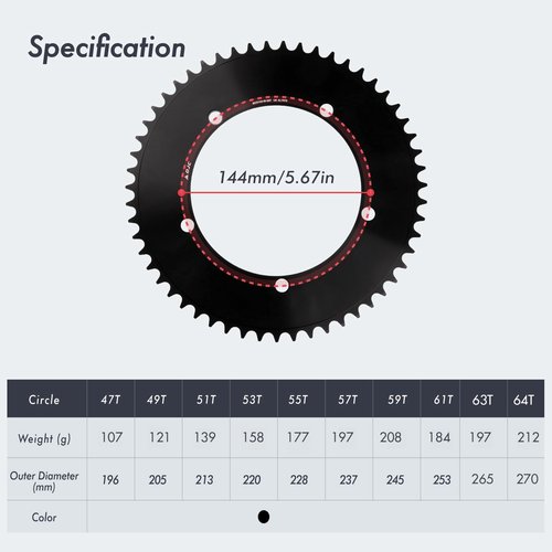 DJC 144BCD Round Chainring Fixed Gear Fixie Track Bike 47T 49 51 53 55 57 59 61T Single Speed Chainwheel 1/2 * 1/8 144 Bcd (47T)