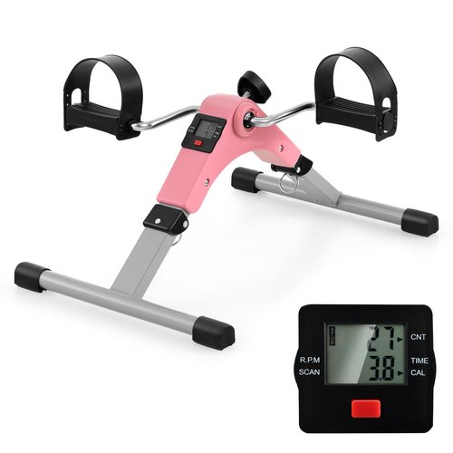 GYMAX Under Desk Bike Pedal Exerciser, Folding Mini Exercise Bike with LCD Display for Arms & Legs Workout, Portable Peddler Exerciser for Seniors Office Home Fitness (Pink)